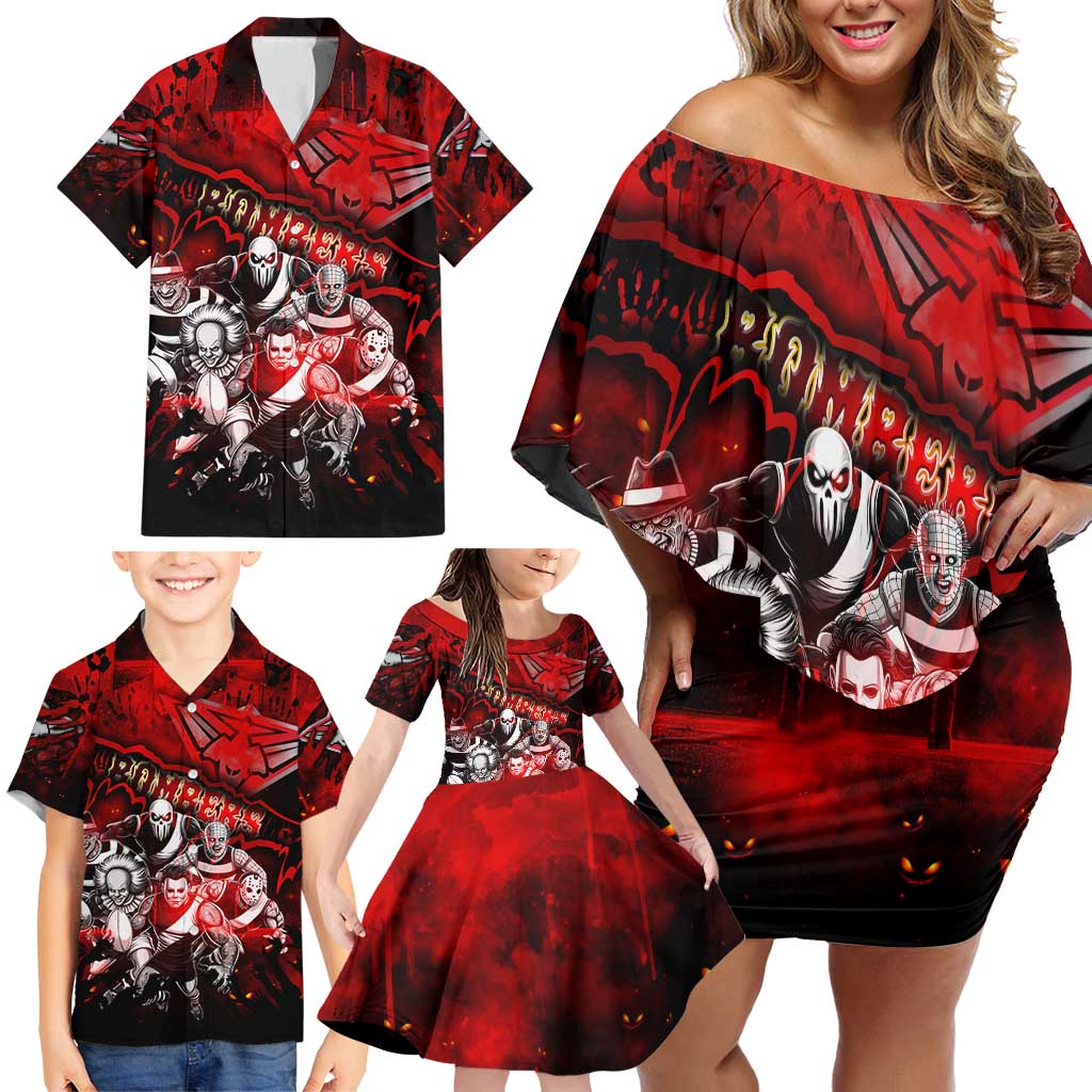 Step Into Horror Domain Bombers Football Family Matching Off Shoulder Short Dress and Hawaiian Shirt Halloween Horror Movie Characters - Aussie Hoodie