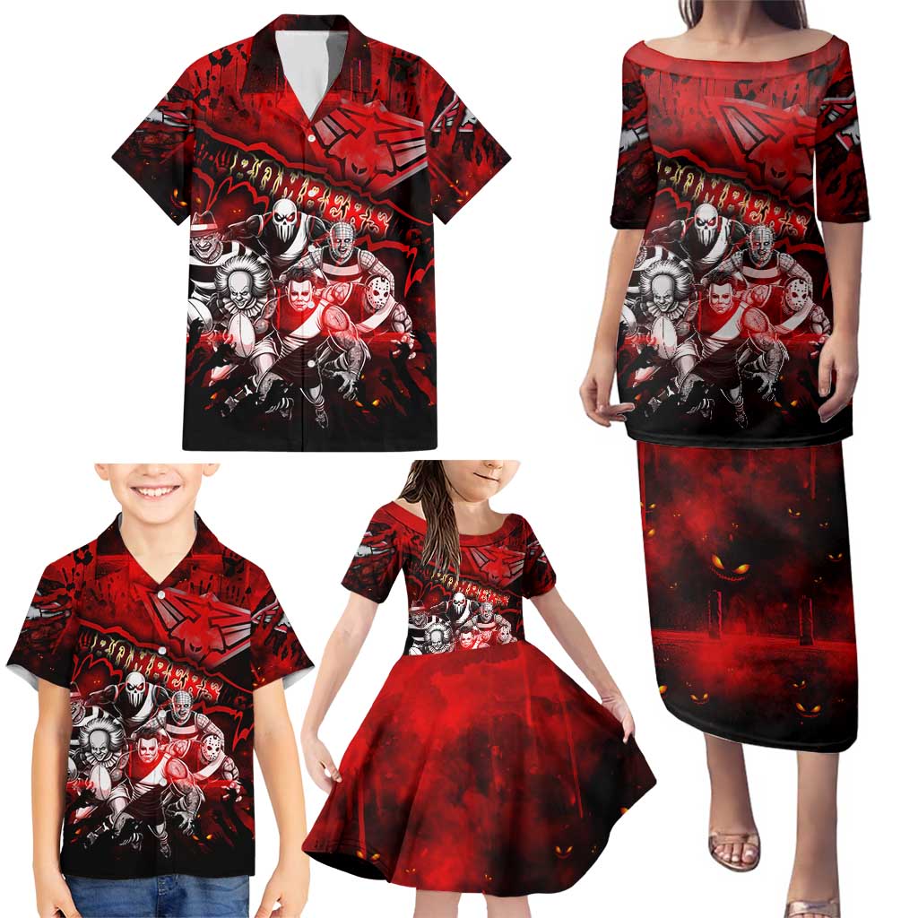 Step Into Horror Domain Bombers Football Family Matching Puletasi and Hawaiian Shirt Halloween Horror Movie Characters - Aussie Hoodie