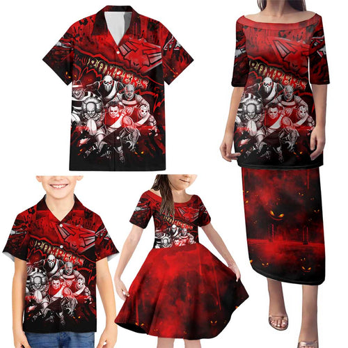 Step Into Horror Domain Bombers Football Family Matching Puletasi and Hawaiian Shirt Halloween Horror Movie Characters - Aussie Hoodie