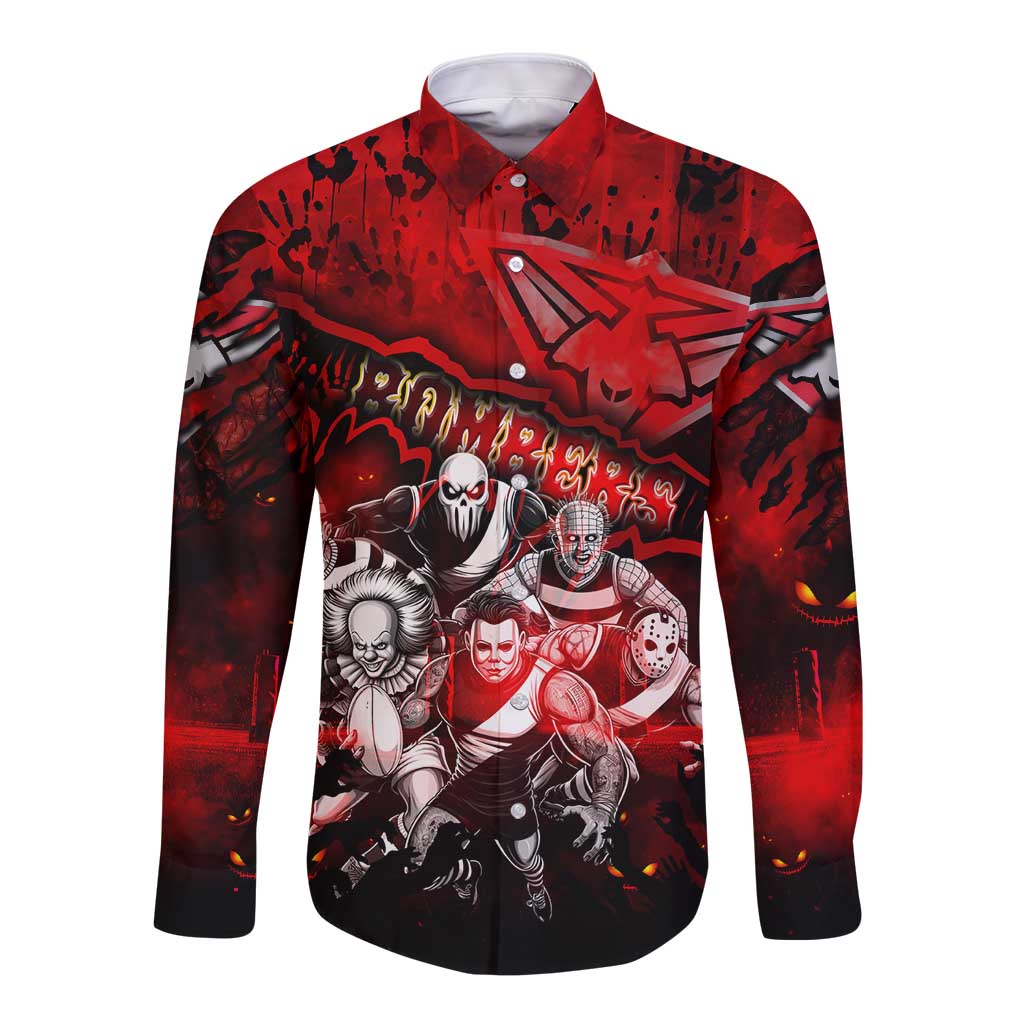 Step Into Horror Domain Bombers Football Long Sleeve Button Shirt Halloween Horror Movie Characters - Aussie Hoodie