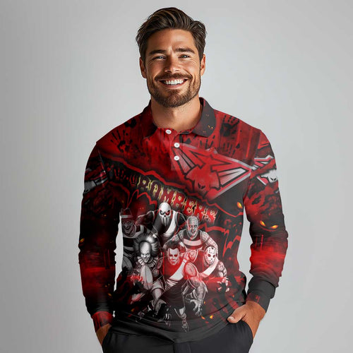 Step Into Horror Domain Bombers Football Long Sleeve Polo Shirt Halloween Horror Movie Characters - Aussie Hoodie