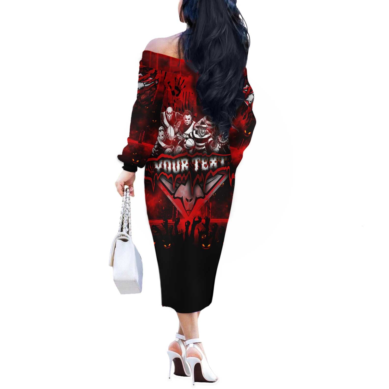 Step Into Horror Domain Bombers Football Off The Shoulder Long Sleeve Dress Halloween Horror Movie Characters - Aussie Hoodie