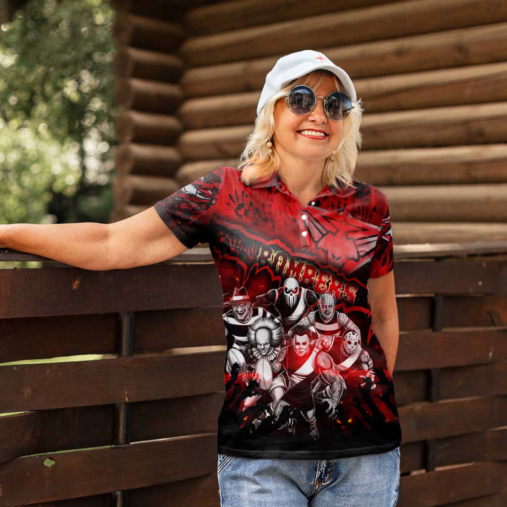 Step Into Horror Domain Bombers Football Women Polo Shirt Halloween Horror Movie Characters - Aussie Hoodie