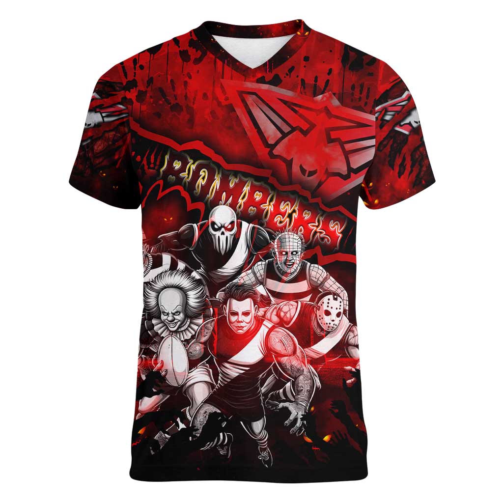 Step Into Horror Domain Bombers Football Women V-Neck T-Shirt Halloween Horror Movie Characters - Aussie Hoodie