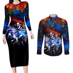 Step Into Horror Domain Crows Football Couples Matching Long Sleeve Bodycon Dress and Long Sleeve Button Shirt Halloween Horror Movie Characters - Aussie Hoodie