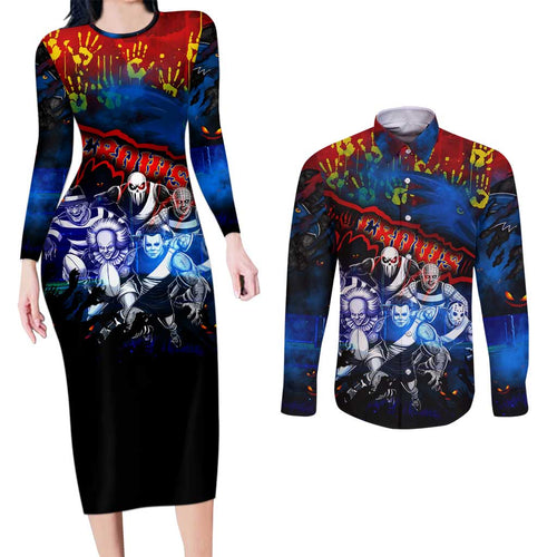Step Into Horror Domain Crows Football Couples Matching Long Sleeve Bodycon Dress and Long Sleeve Button Shirt Halloween Horror Movie Characters - Aussie Hoodie
