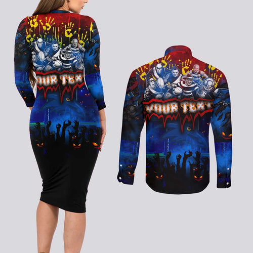 Step Into Horror Domain Crows Football Couples Matching Long Sleeve Bodycon Dress and Long Sleeve Button Shirt Halloween Horror Movie Characters - Aussie Hoodie