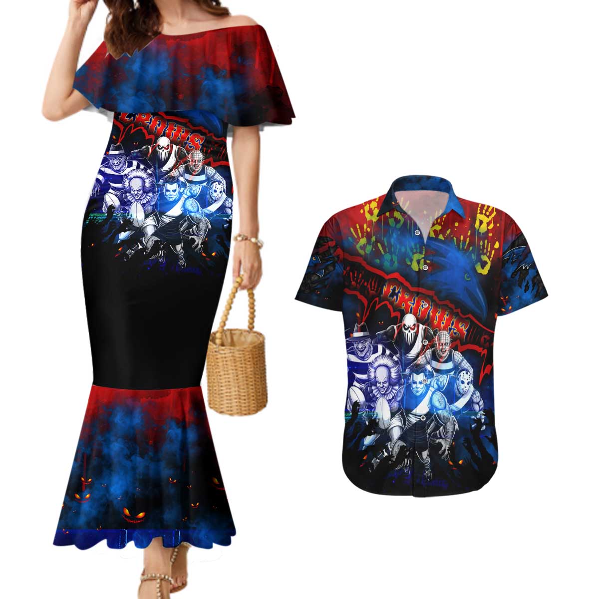 Step Into Horror Domain Crows Football Couples Matching Mermaid Dress and Hawaiian Shirt Halloween Horror Movie Characters - Aussie Hoodie