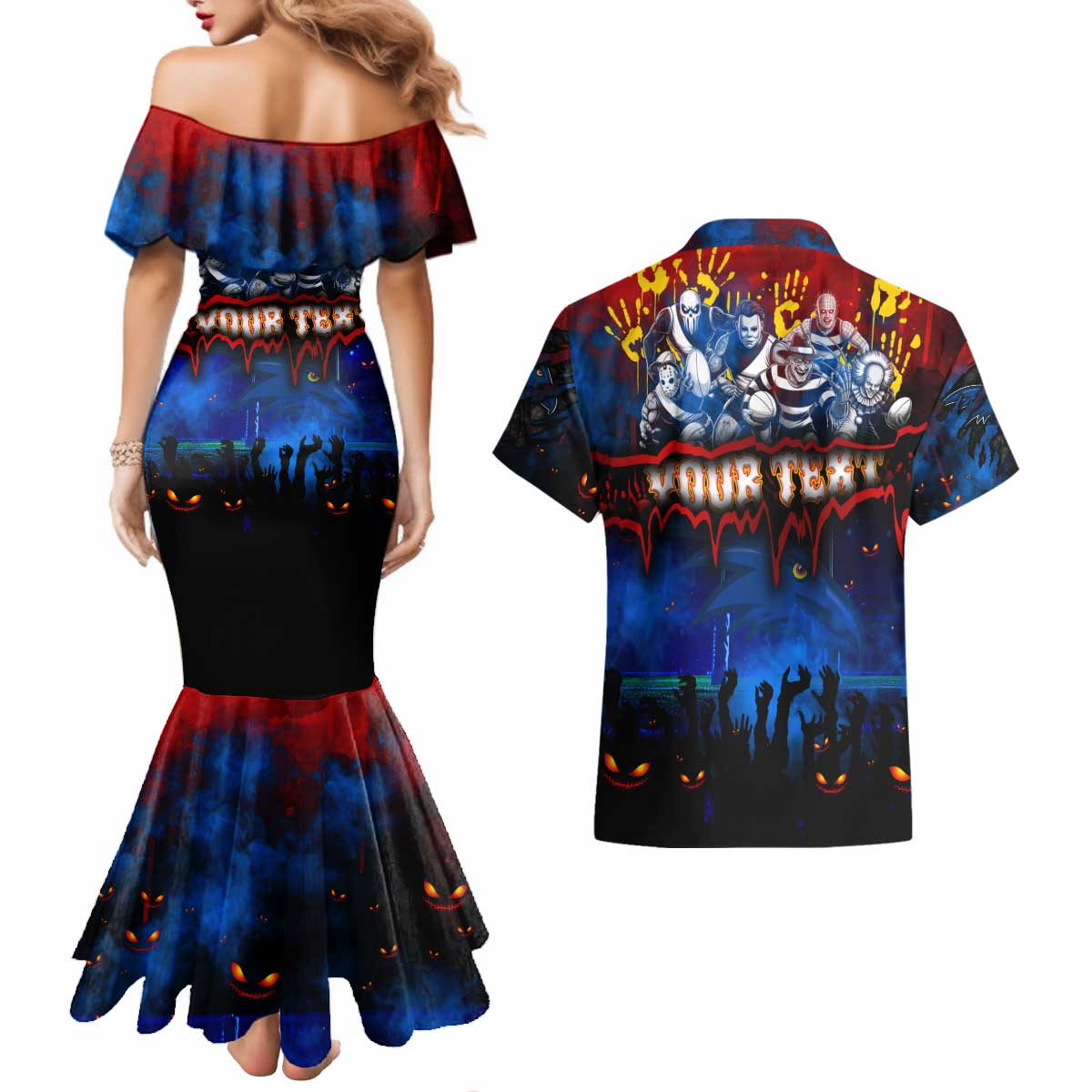 Step Into Horror Domain Crows Football Couples Matching Mermaid Dress and Hawaiian Shirt Halloween Horror Movie Characters - Aussie Hoodie