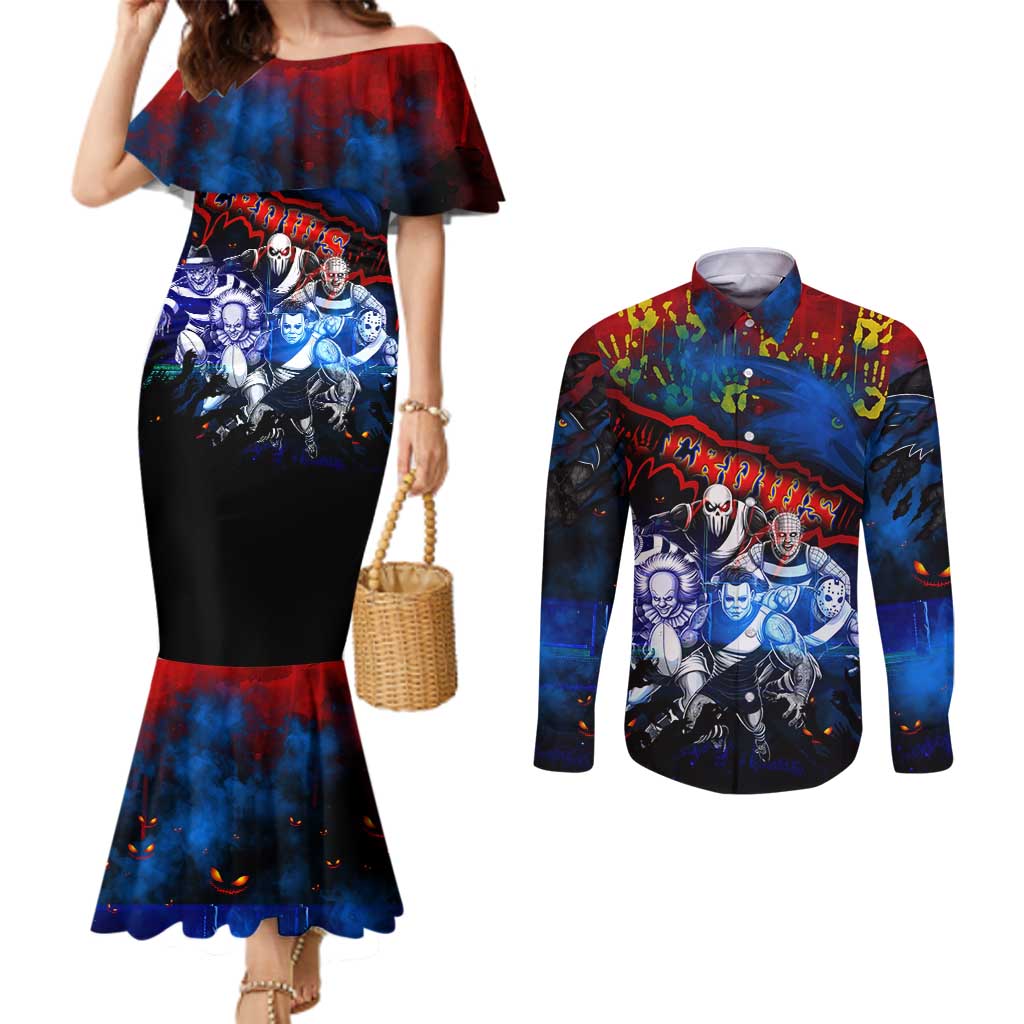 Step Into Horror Domain Crows Football Couples Matching Mermaid Dress and Long Sleeve Button Shirt Halloween Horror Movie Characters - Aussie Hoodie
