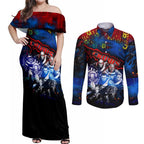 Step Into Horror Domain Crows Football Couples Matching Off Shoulder Maxi Dress and Long Sleeve Button Shirt Halloween Horror Movie Characters - Aussie Hoodie