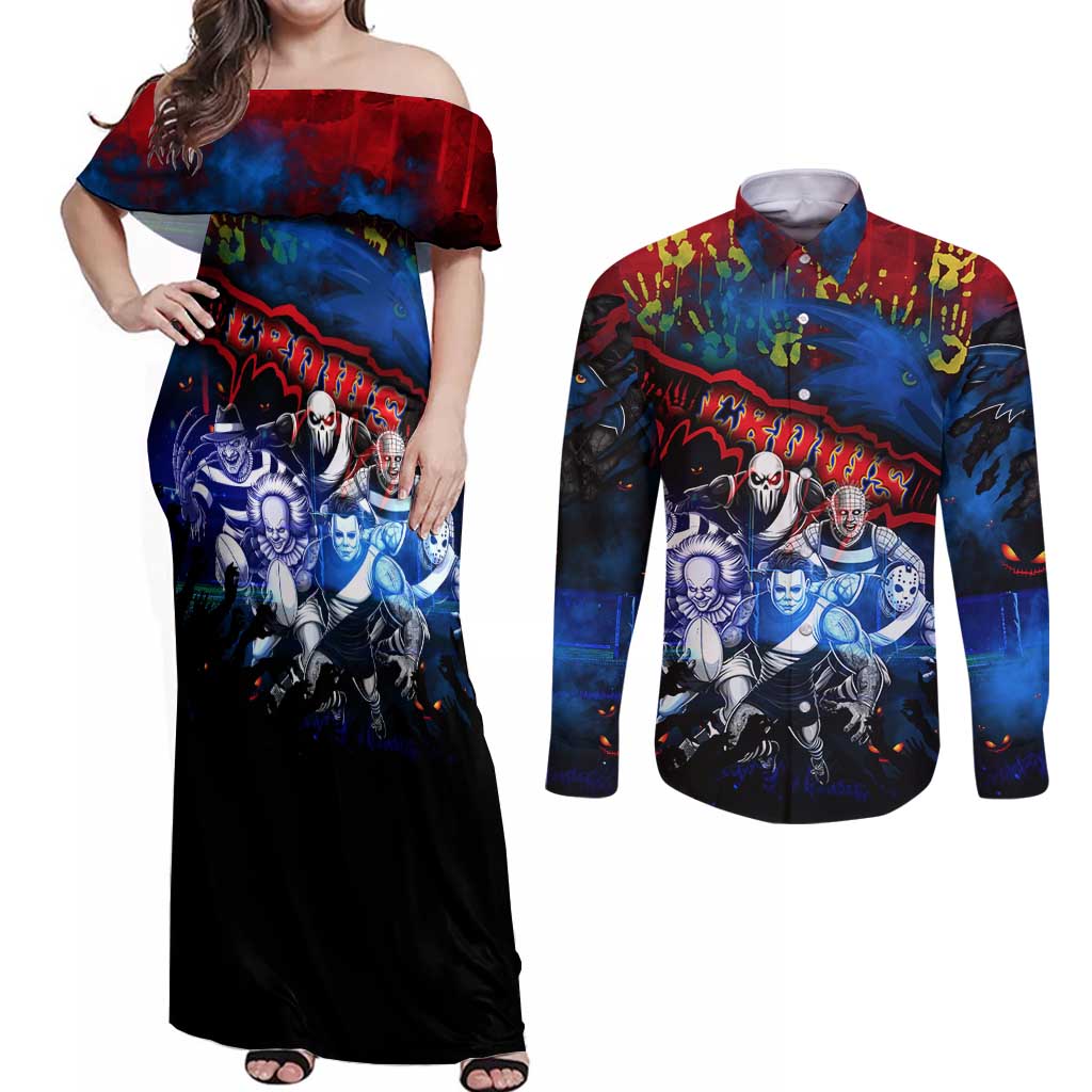 Step Into Horror Domain Crows Football Couples Matching Off Shoulder Maxi Dress and Long Sleeve Button Shirt Halloween Horror Movie Characters - Aussie Hoodie