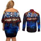 Step Into Horror Domain Crows Football Couples Matching Off Shoulder Short Dress and Long Sleeve Button Shirt Halloween Horror Movie Characters - Aussie Hoodie