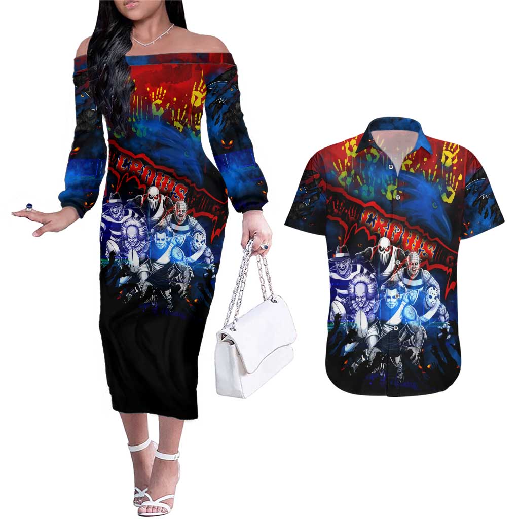 Step Into Horror Domain Crows Football Couples Matching Off The Shoulder Long Sleeve Dress and Hawaiian Shirt Halloween Horror Movie Characters - Aussie Hoodie