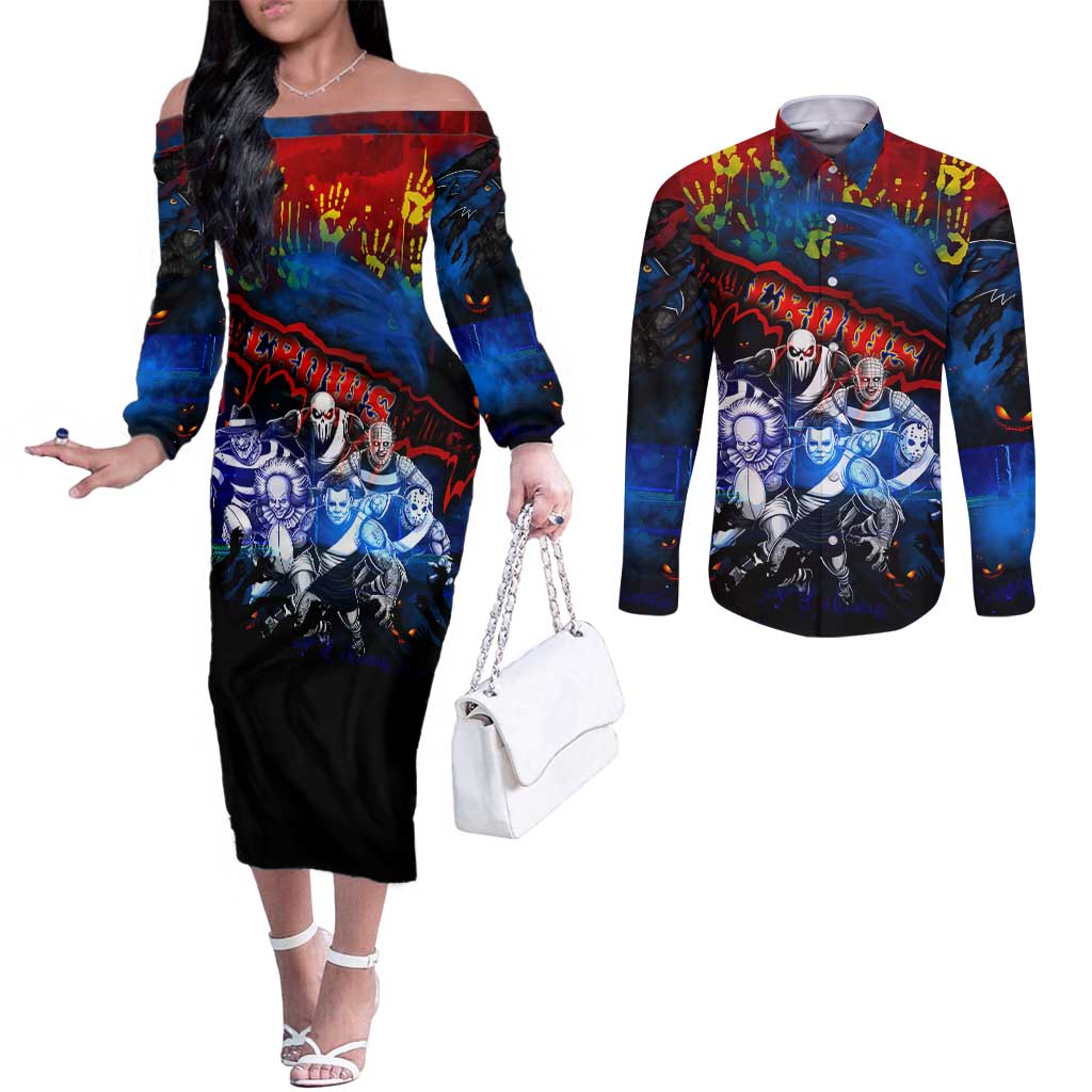 Step Into Horror Domain Crows Football Couples Matching Off The Shoulder Long Sleeve Dress and Long Sleeve Button Shirt Halloween Horror Movie Characters - Aussie Hoodie