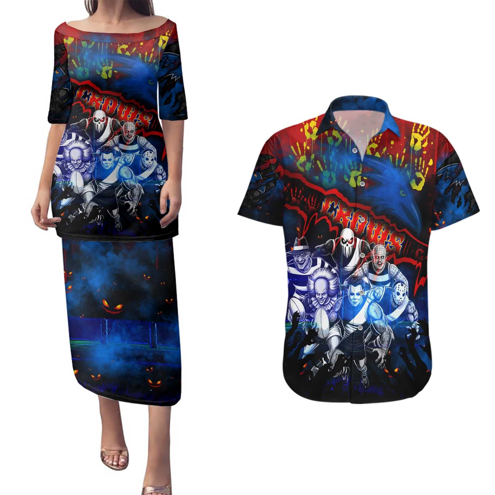 Step Into Horror Domain Crows Football Couples Matching Puletasi and Hawaiian Shirt Halloween Horror Movie Characters - Aussie Hoodie