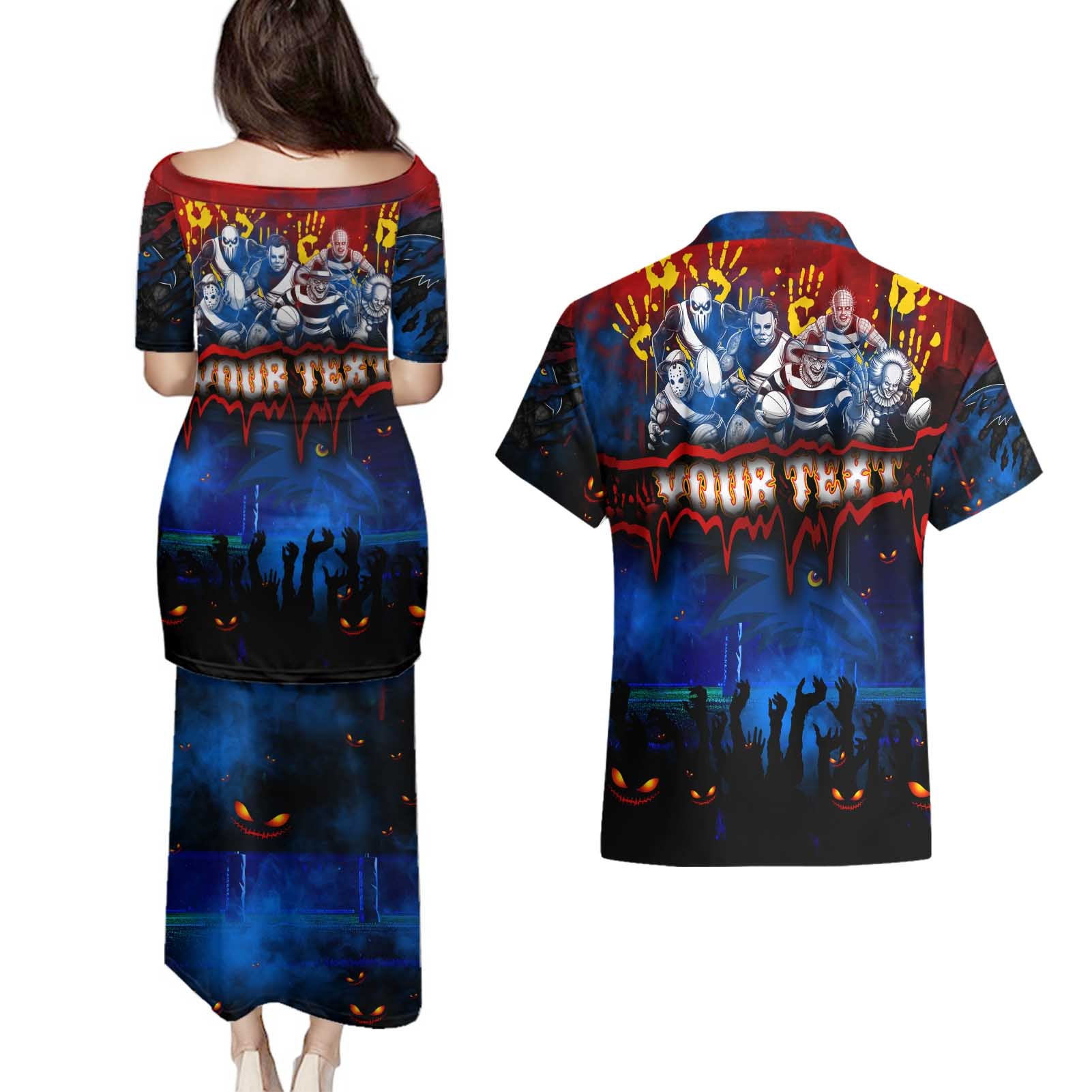 Step Into Horror Domain Crows Football Couples Matching Puletasi and Hawaiian Shirt Halloween Horror Movie Characters - Aussie Hoodie