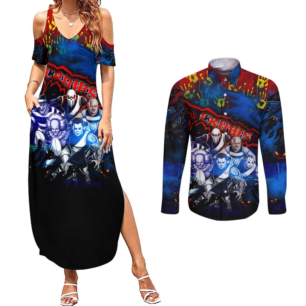 Step Into Horror Domain Crows Football Couples Matching Summer Maxi Dress and Long Sleeve Button Shirt Halloween Horror Movie Characters - Aussie Hoodie