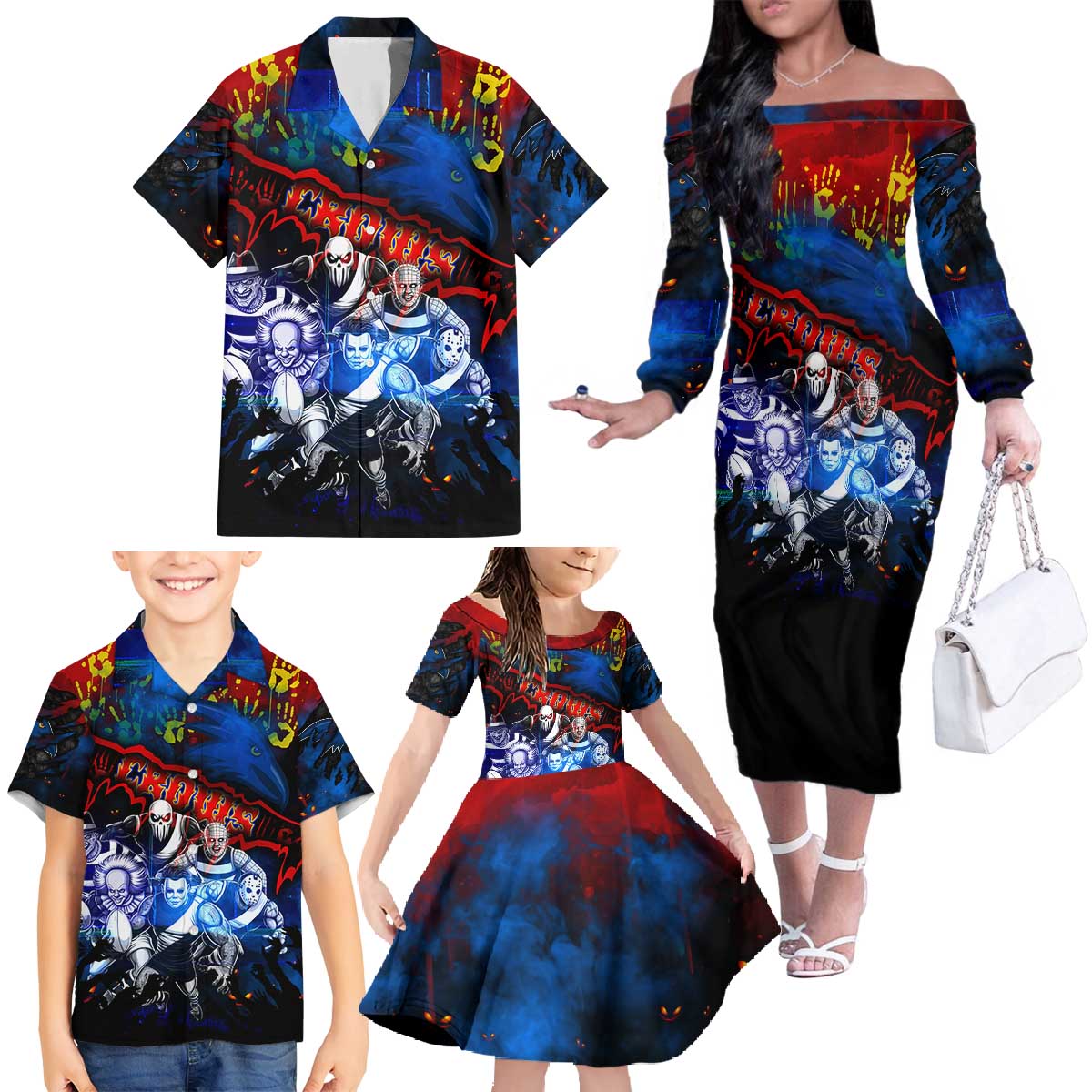 Step Into Horror Domain Crows Football Family Matching Off The Shoulder Long Sleeve Dress and Hawaiian Shirt Halloween Horror Movie Characters - Aussie Hoodie