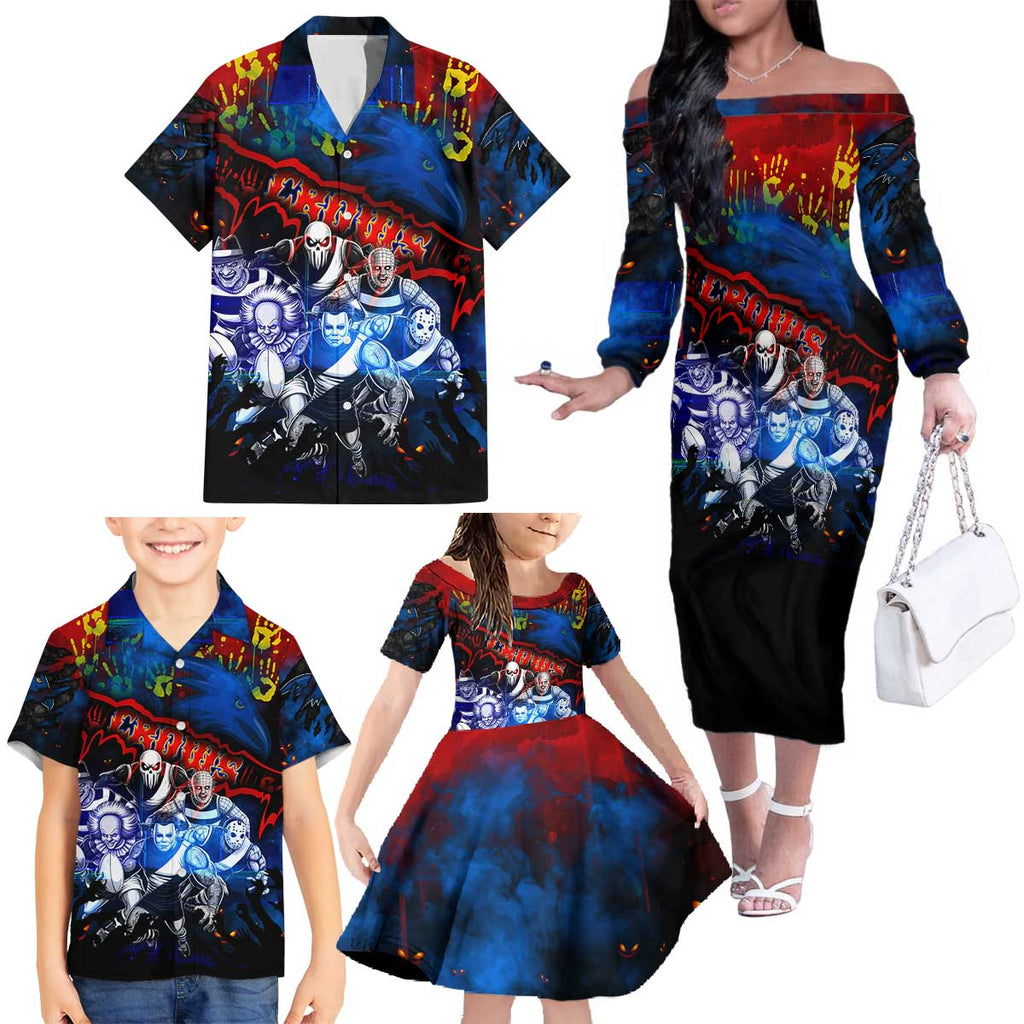 Step Into Horror Domain Crows Football Family Matching Off The Shoulder Long Sleeve Dress and Hawaiian Shirt Halloween Horror Movie Characters - Aussie Hoodie