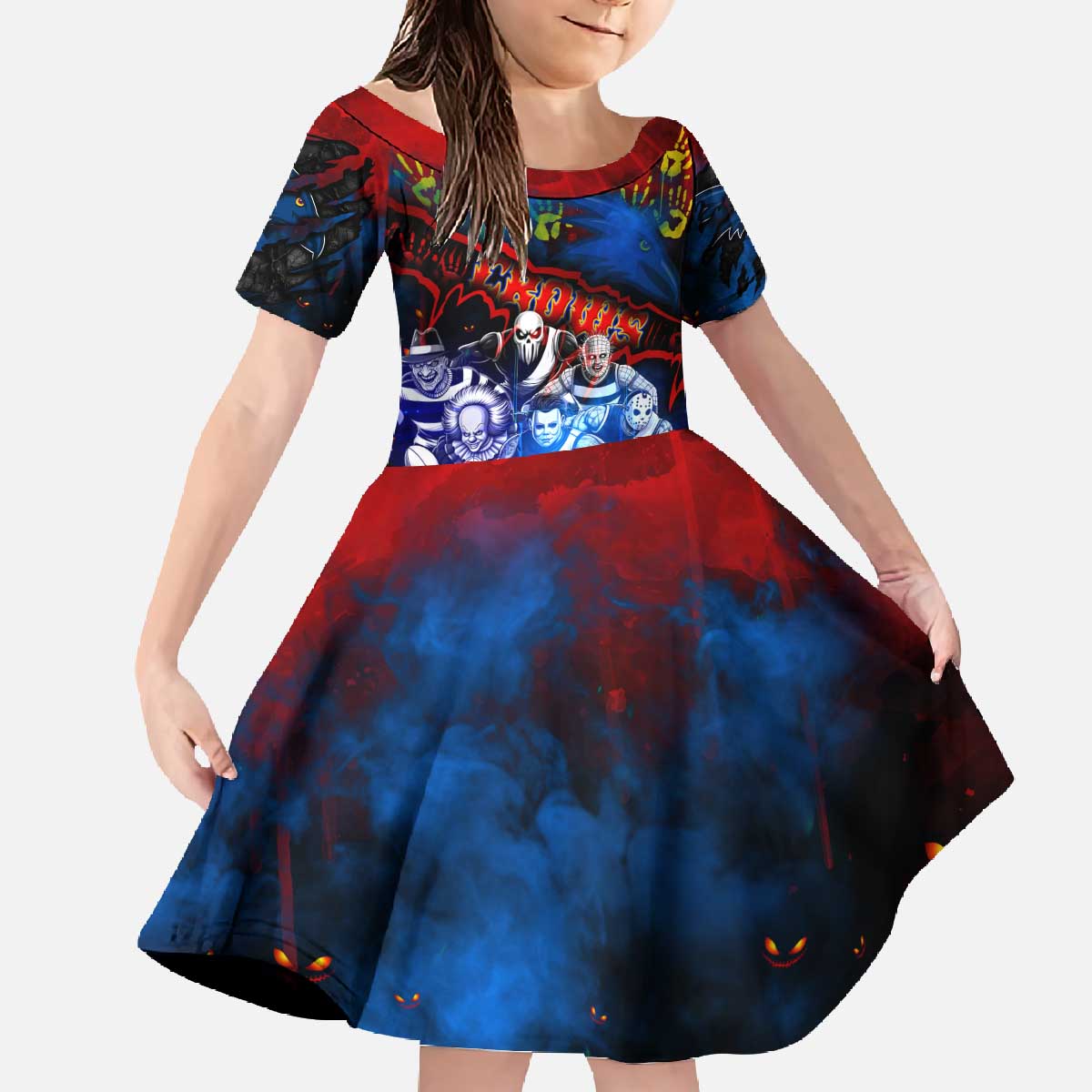 Step Into Horror Domain Crows Football Family Matching Off The Shoulder Long Sleeve Dress and Hawaiian Shirt Halloween Horror Movie Characters - Aussie Hoodie
