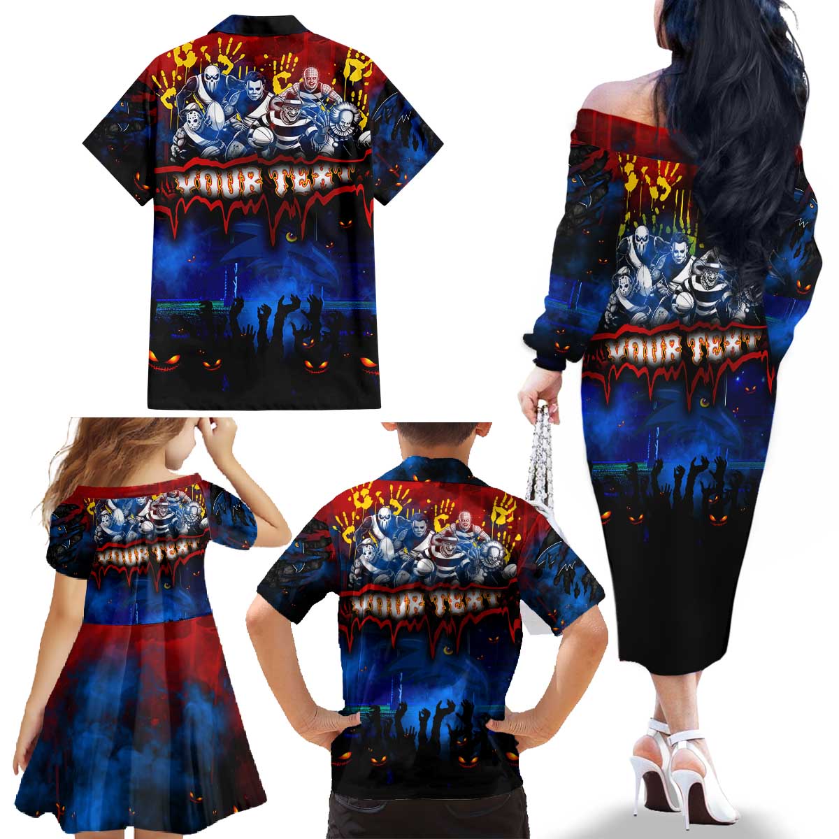 Step Into Horror Domain Crows Football Family Matching Off The Shoulder Long Sleeve Dress and Hawaiian Shirt Halloween Horror Movie Characters - Aussie Hoodie