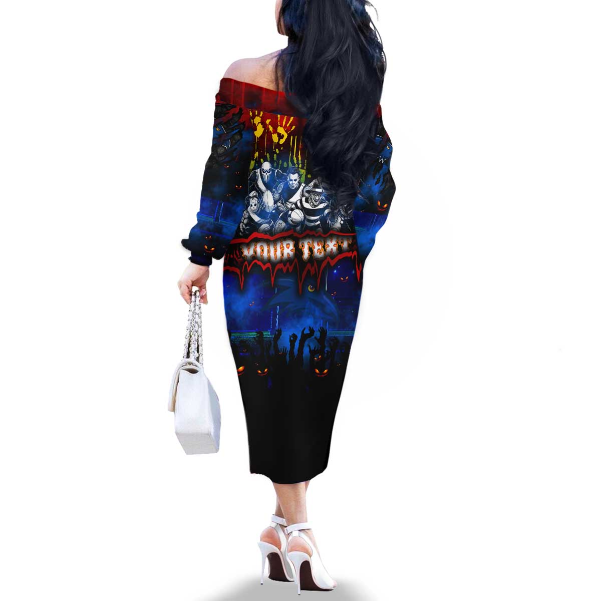 Step Into Horror Domain Crows Football Family Matching Off The Shoulder Long Sleeve Dress and Hawaiian Shirt Halloween Horror Movie Characters - Aussie Hoodie