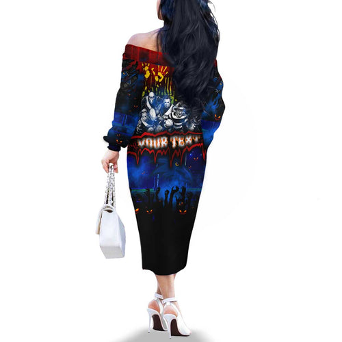 Step Into Horror Domain Crows Football Family Matching Off The Shoulder Long Sleeve Dress and Hawaiian Shirt Halloween Horror Movie Characters - Aussie Hoodie