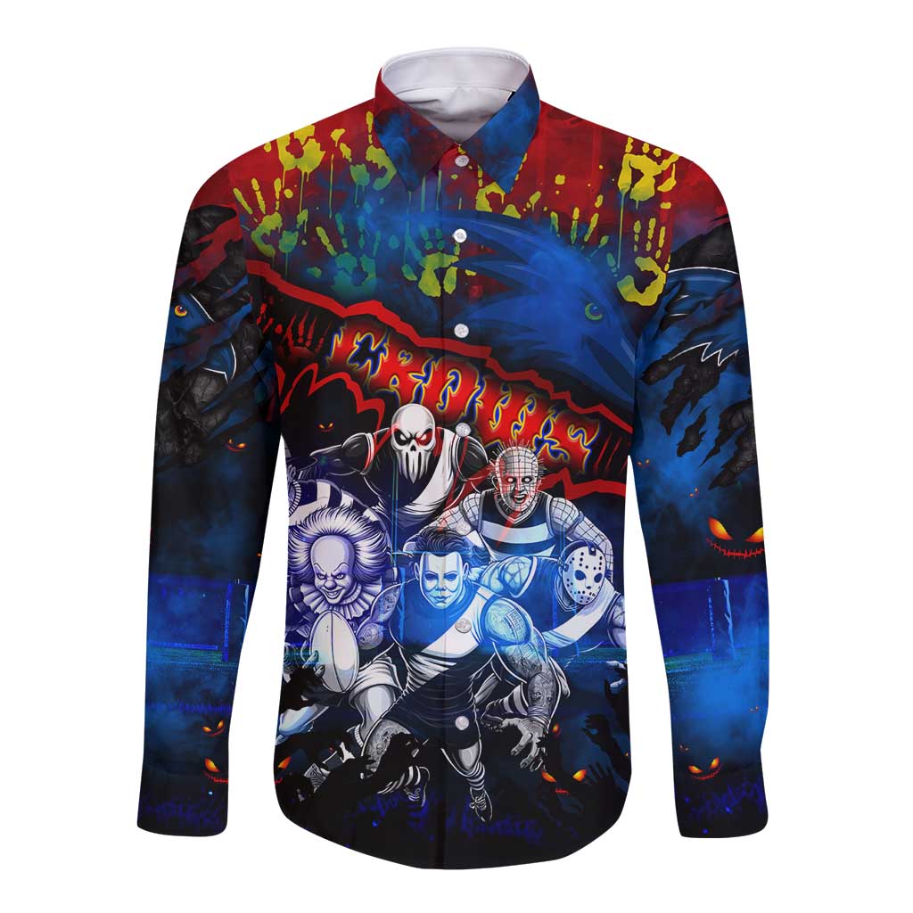 Step Into Horror Domain Crows Football Long Sleeve Button Shirt Halloween Horror Movie Characters - Aussie Hoodie