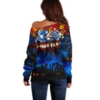 Step Into Horror Domain Crows Football Off Shoulder Sweater Halloween Horror Movie Characters - Aussie Hoodie