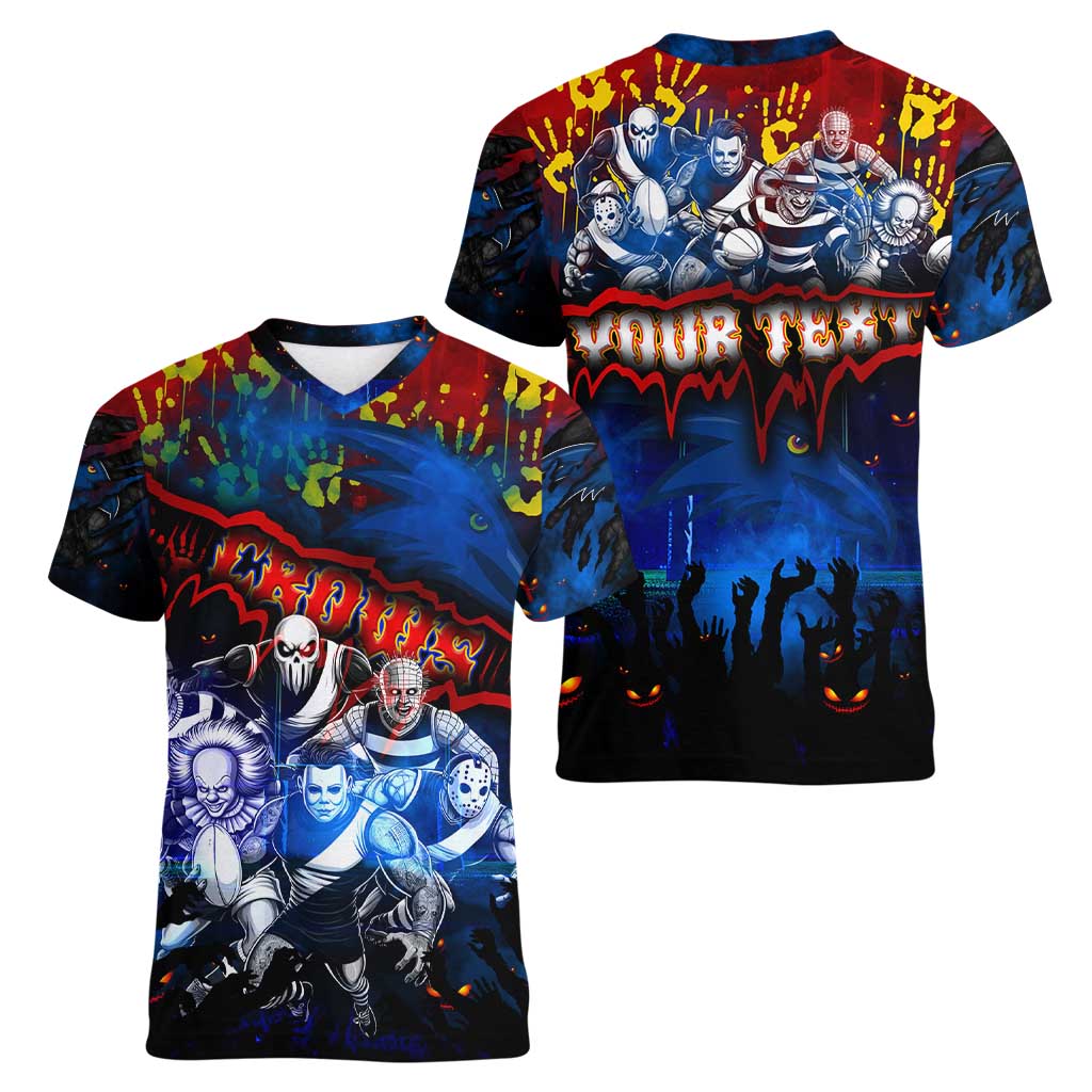 Step Into Horror Domain Crows Football Women V-Neck T-Shirt Halloween Horror Movie Characters - Aussie Hoodie