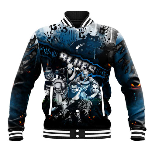 Step Into Horror Domain Blues Football Baseball Jacket Halloween Horror Movie Characters - Aussie Hoodie