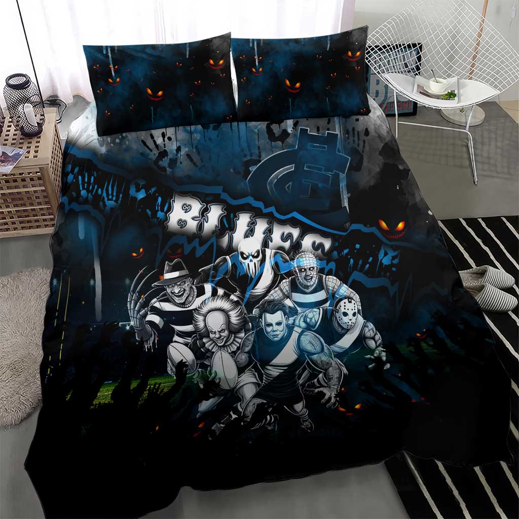 Step Into Horror Domain Blues Football Bedding Set Halloween Horror Movie Characters - Aussie Hoodie