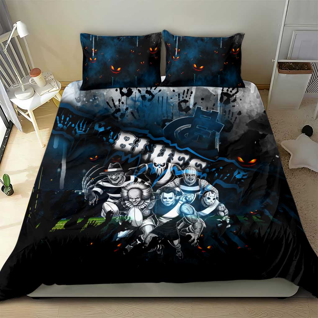 Step Into Horror Domain Blues Football Bedding Set Halloween Horror Movie Characters - Aussie Hoodie