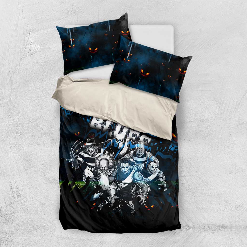 Step Into Horror Domain Blues Football Bedding Set Halloween Horror Movie Characters - Aussie Hoodie