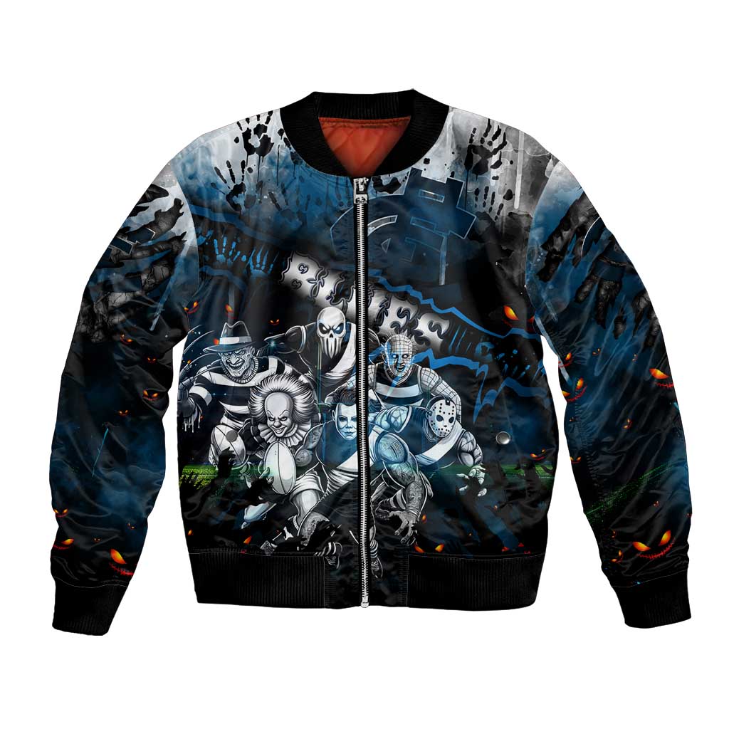 Step Into Horror Domain Blues Football Bomber Jacket Halloween Horror Movie Characters - Aussie Hoodie