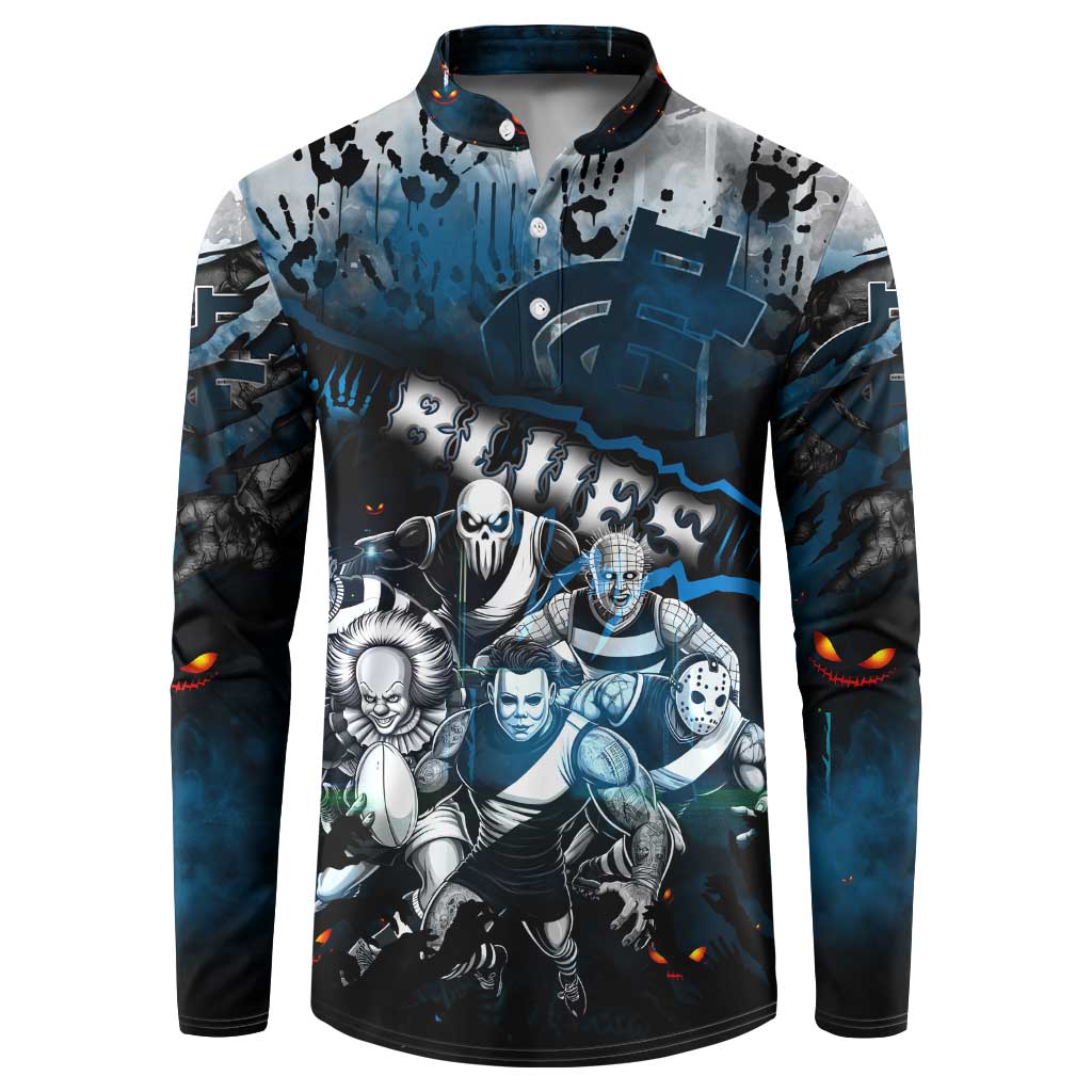 Step Into Horror Domain Blues Football Button Sweatshirt Halloween Horror Movie Characters - Aussie Hoodie