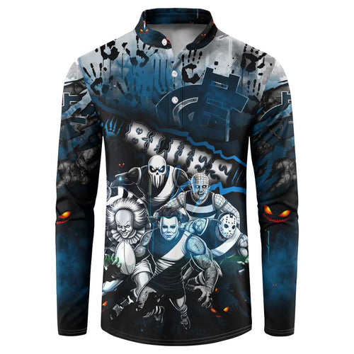 Step Into Horror Domain Blues Football Button Sweatshirt Halloween Horror Movie Characters - Aussie Hoodie