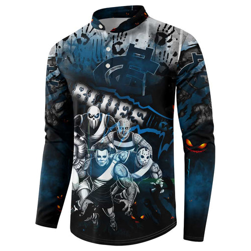 Step Into Horror Domain Blues Football Button Sweatshirt Halloween Horror Movie Characters - Aussie Hoodie