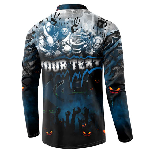 Step Into Horror Domain Blues Football Button Sweatshirt Halloween Horror Movie Characters - Aussie Hoodie