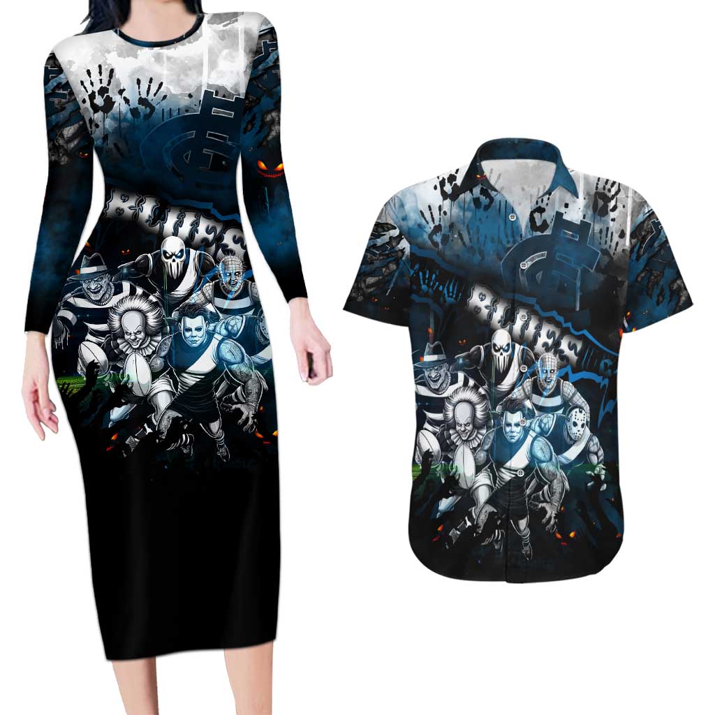 Step Into Horror Domain Blues Football Couples Matching Long Sleeve Bodycon Dress and Hawaiian Shirt Halloween Horror Movie Characters - Aussie Hoodie