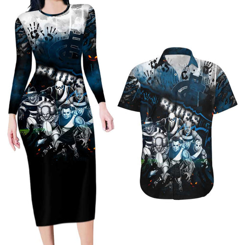 Step Into Horror Domain Blues Football Couples Matching Long Sleeve Bodycon Dress and Hawaiian Shirt Halloween Horror Movie Characters - Aussie Hoodie
