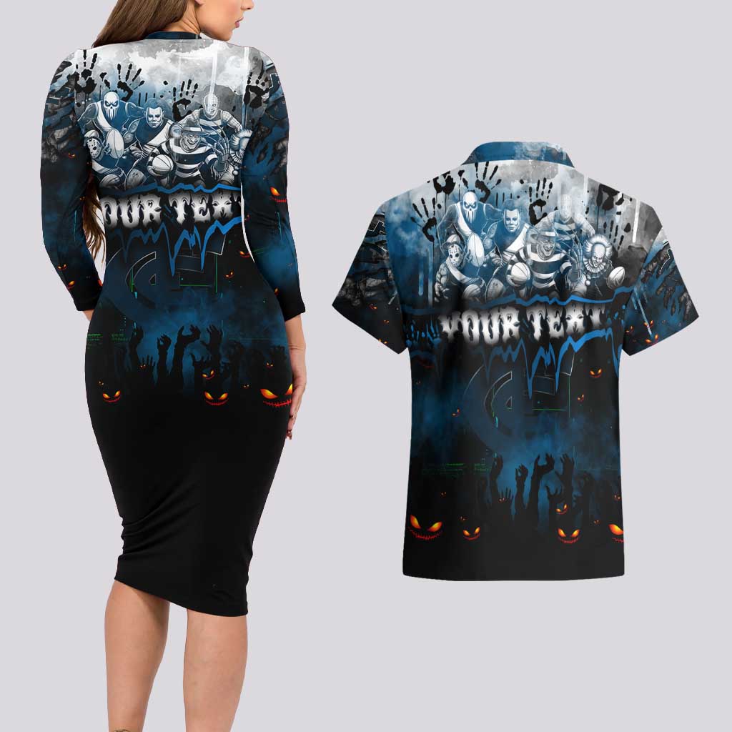 Step Into Horror Domain Blues Football Couples Matching Long Sleeve Bodycon Dress and Hawaiian Shirt Halloween Horror Movie Characters - Aussie Hoodie