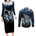 Step Into Horror Domain Blues Football Couples Matching Long Sleeve Bodycon Dress and Long Sleeve Button Shirt Halloween Horror Movie Characters - Aussie Hoodie