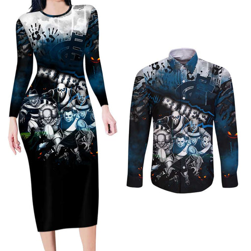Step Into Horror Domain Blues Football Couples Matching Long Sleeve Bodycon Dress and Long Sleeve Button Shirt Halloween Horror Movie Characters - Aussie Hoodie