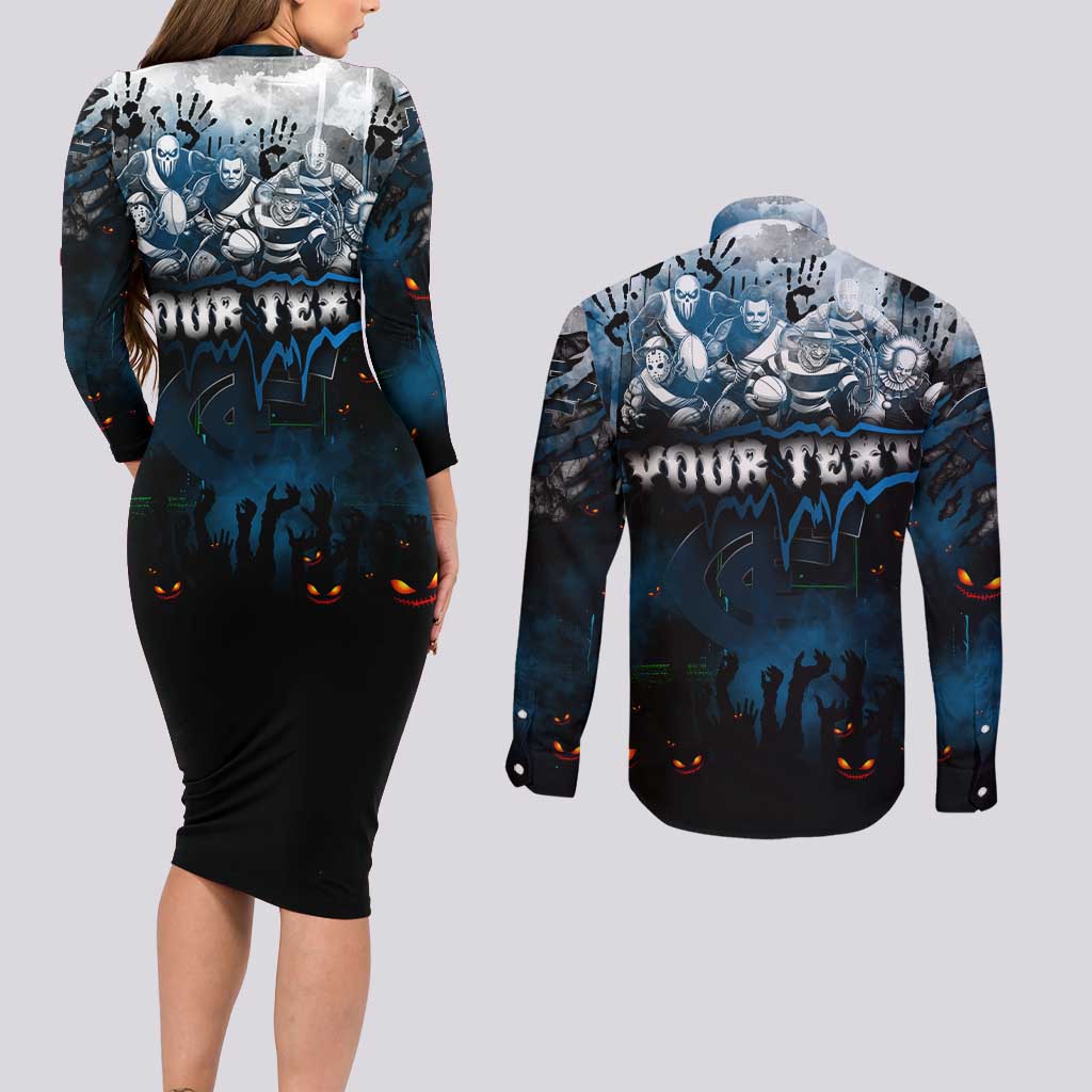 Step Into Horror Domain Blues Football Couples Matching Long Sleeve Bodycon Dress and Long Sleeve Button Shirt Halloween Horror Movie Characters - Aussie Hoodie