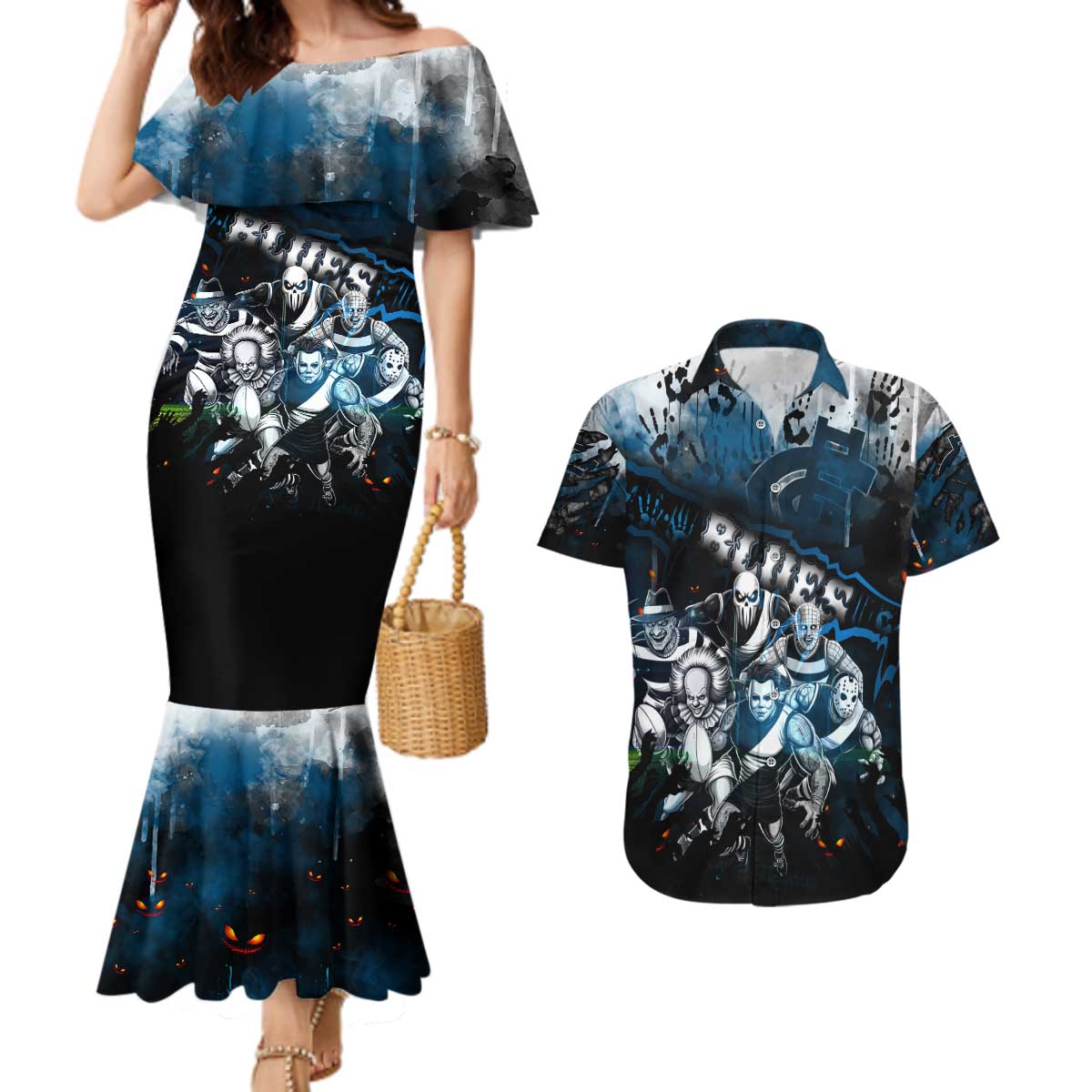 Step Into Horror Domain Blues Football Couples Matching Mermaid Dress and Hawaiian Shirt Halloween Horror Movie Characters - Aussie Hoodie