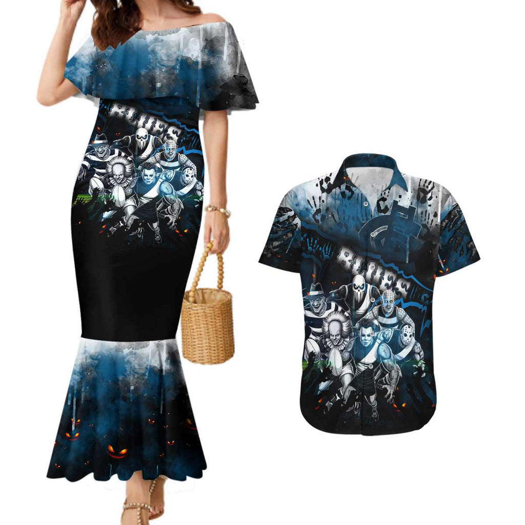Step Into Horror Domain Blues Football Couples Matching Mermaid Dress and Hawaiian Shirt Halloween Horror Movie Characters - Aussie Hoodie