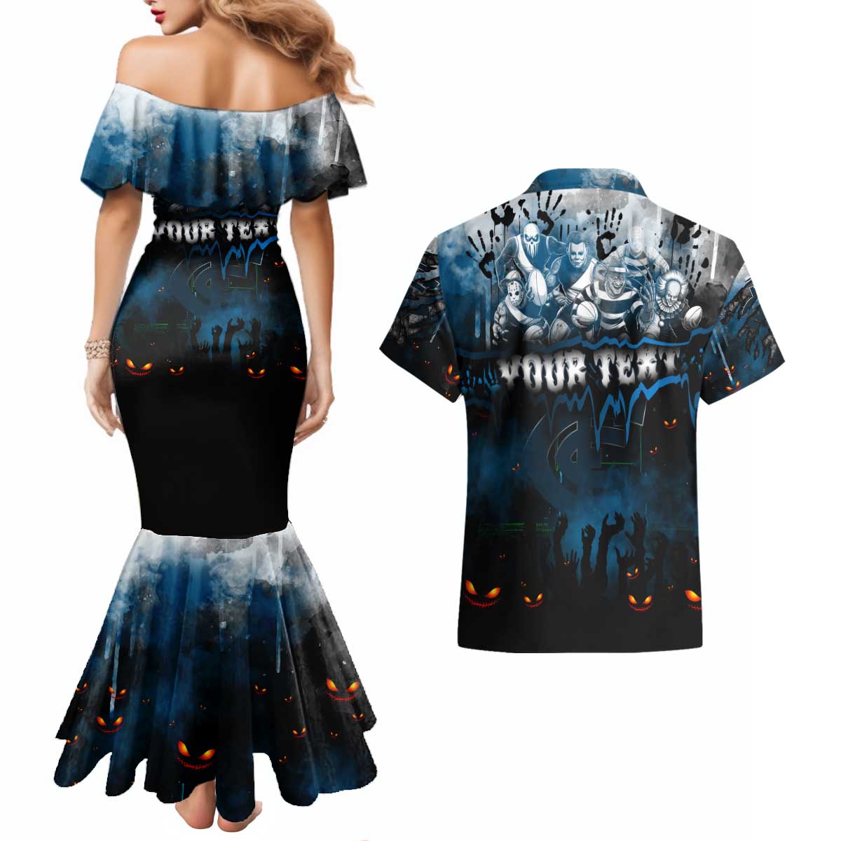 Step Into Horror Domain Blues Football Couples Matching Mermaid Dress and Hawaiian Shirt Halloween Horror Movie Characters - Aussie Hoodie