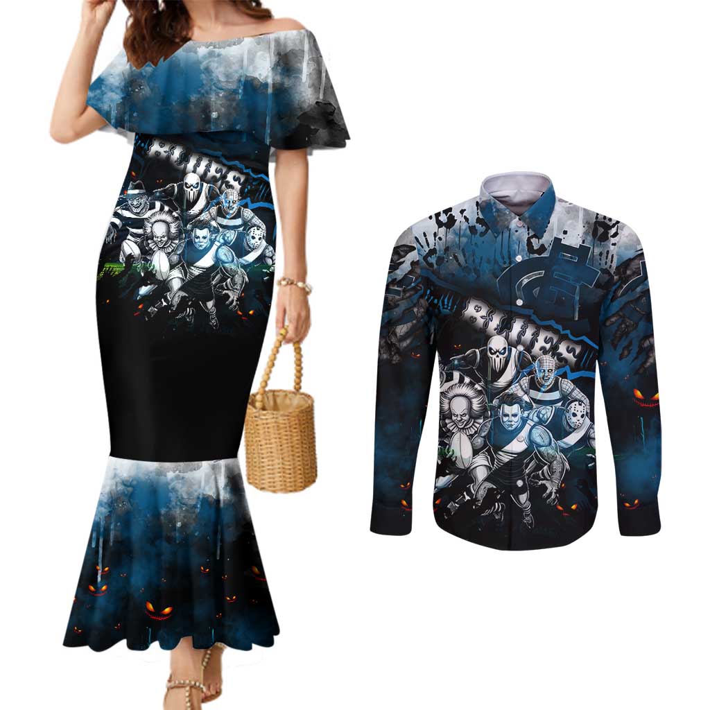 Step Into Horror Domain Blues Football Couples Matching Mermaid Dress and Long Sleeve Button Shirt Halloween Horror Movie Characters - Aussie Hoodie